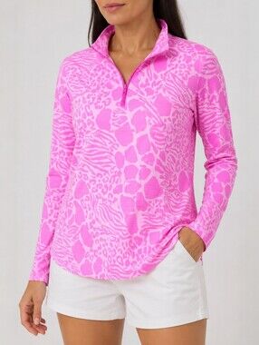 IBKUL Bianca Pink Animal Print UPF 50+ Mesh Panel 1/4 Zip Golf Tennis Top M